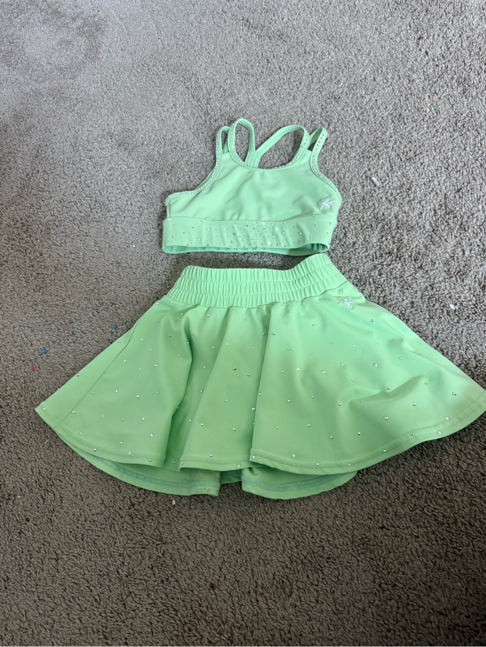 Girls Mint Green Dance Two-Piece Set with Rhinestone Accents